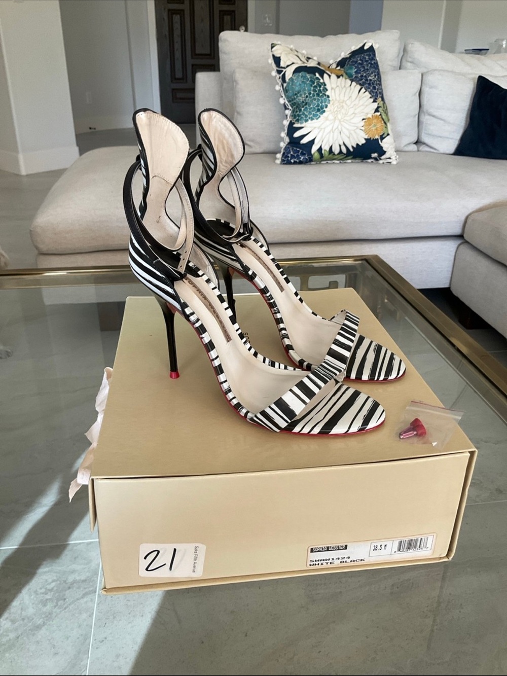 Sophia Webster Nicole black/white stripe red trim double ankle strap heels, 38.5 - Picture 7 of 13